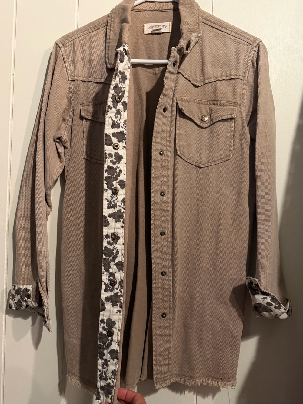Rosebud Taupe Button-Front Jean Jacket with Cow Print Trim